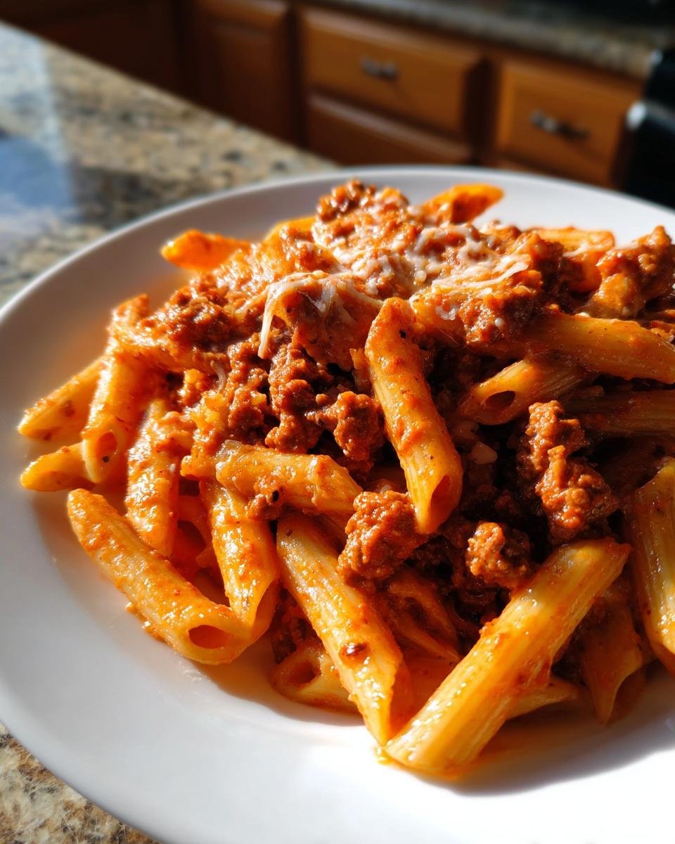 A close-up of Irresistible Creamy Beef Pasta made with penne, rich meat sauce, and melted cheese.
