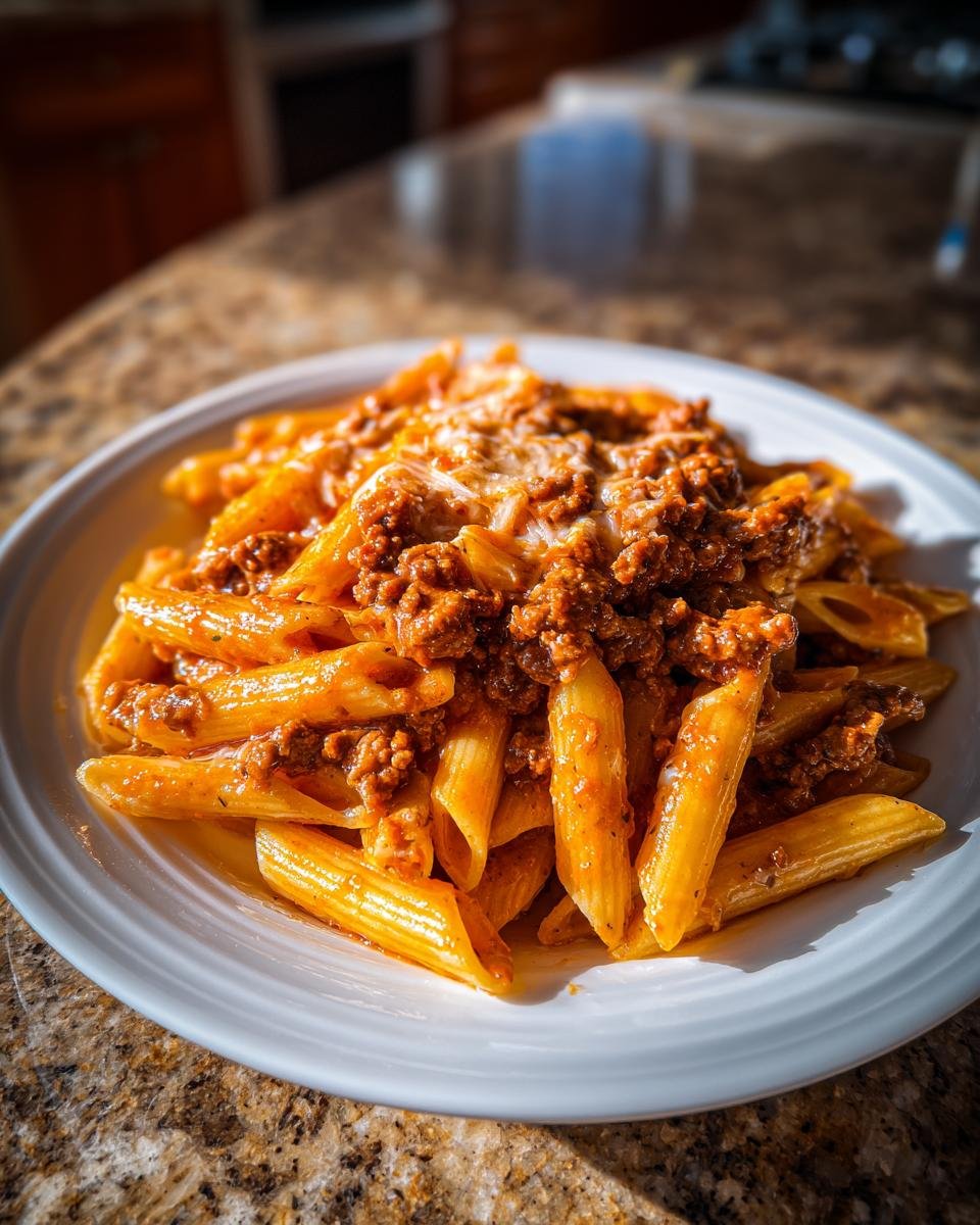 A close-up of penne pasta topped with rich meat sauce and melted cheese, showcasing the Irresistible Creamy Beef Pasta.
