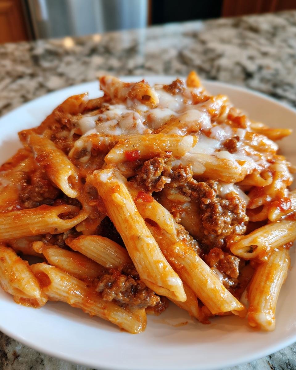 A close-up serving of Irresistible Creamy Beef Pasta featuring penne coated in a rich sauce with ground beef and melted white cheese.