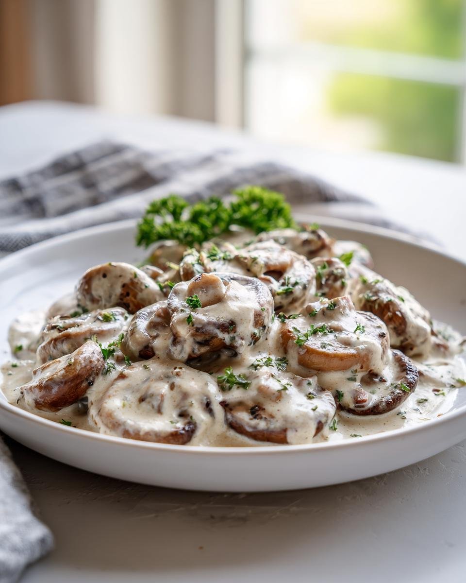 A white bowl filled with Irresistible Creamy Garlic Parmesan Mushrooms, garnished with fresh parsley.