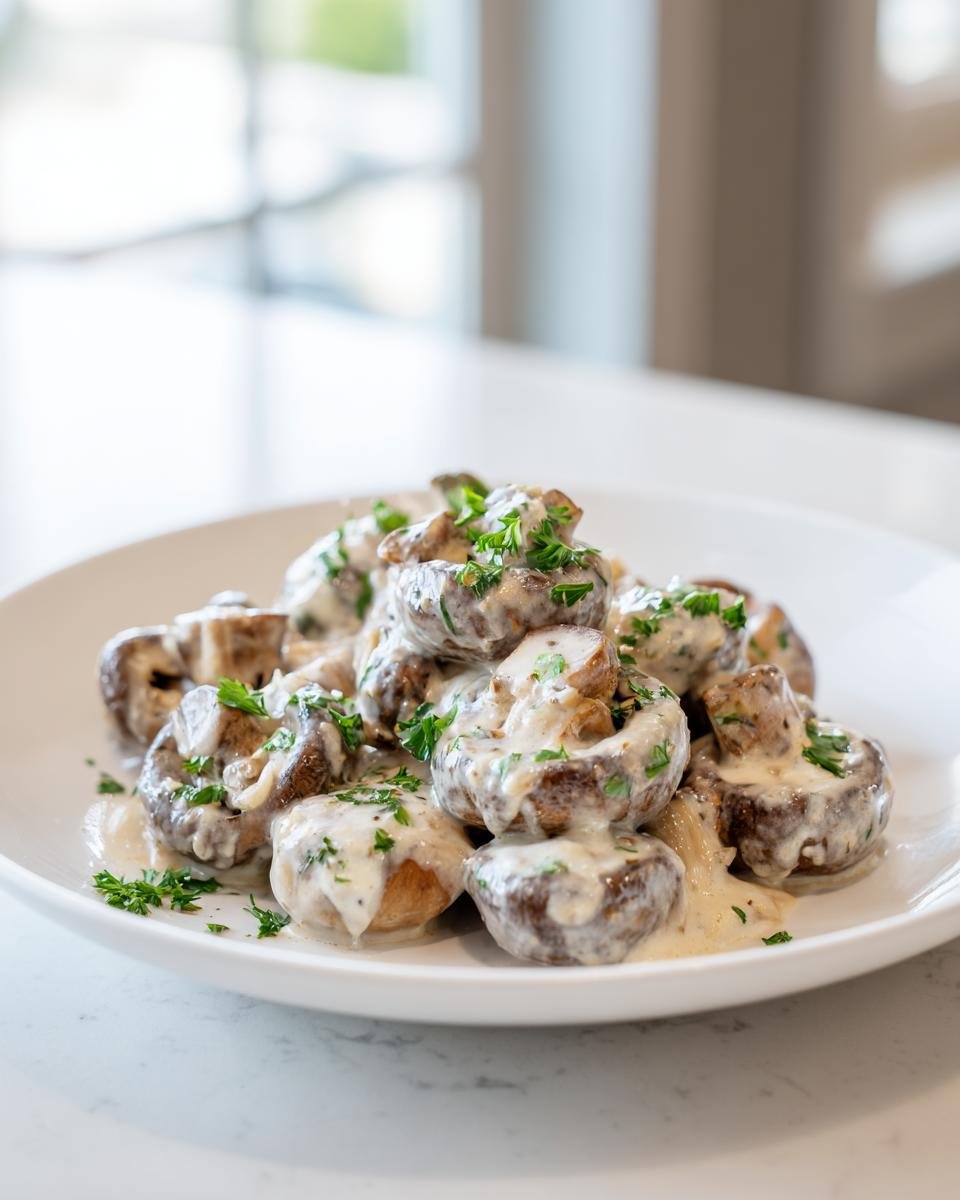 A serving of Irresistible Creamy Garlic Parmesan Mushrooms coated in a rich white sauce and topped with fresh parsley.