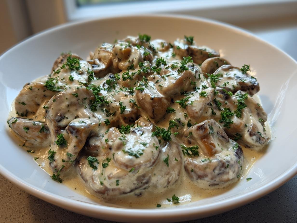 A white bowl filled with Irresistible Creamy Garlic Parmesan Mushrooms, topped with fresh parsley.