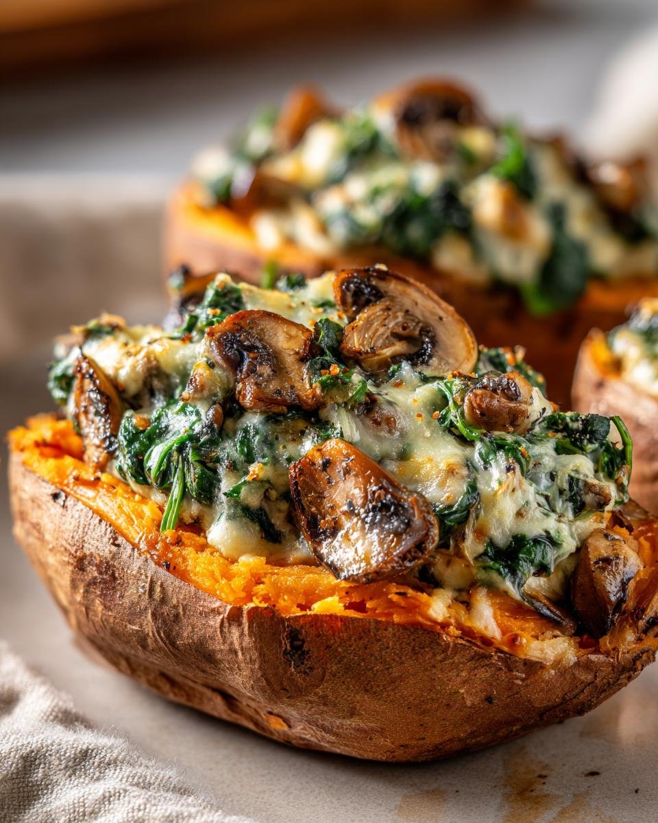Close-up of an Irresistible Creamy Mushroom And Spinach Stuffed Sweet Potato topped with melted cheese.