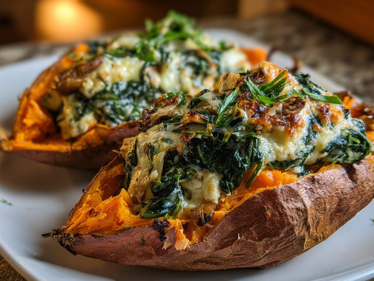 Two halves of baked sweet potatoes stuffed with creamy mushroom and spinach filling, topped with melted cheese.