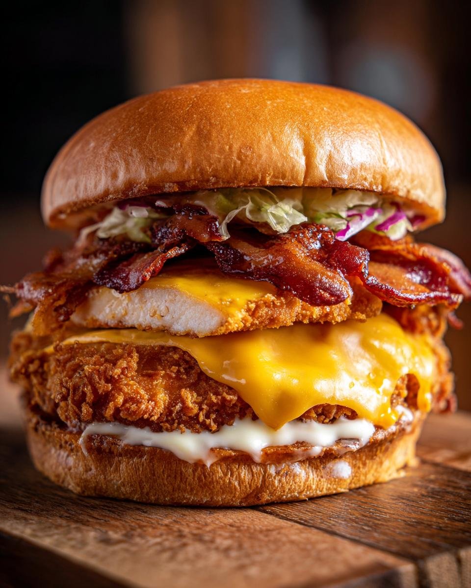 A tall, stacked Irresistible Deep Fried Turkey Bacon Cheeseburger featuring crispy fried turkey, melted cheese, bacon, and slaw on a brioche bun.