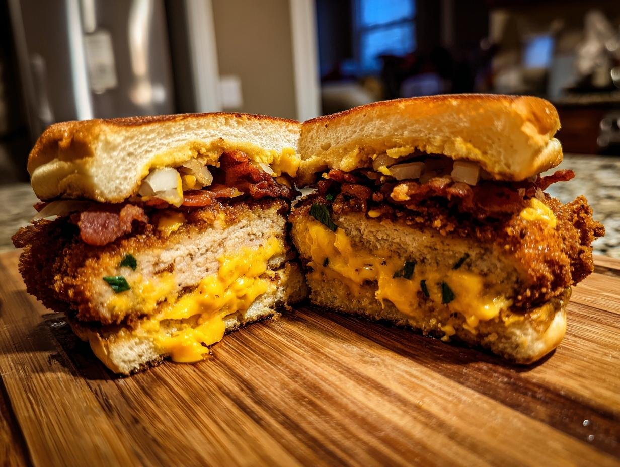 Cross section of an Irresistible Deep Fried Turkey Bacon Cheeseburger showing melted cheese and crispy bacon.