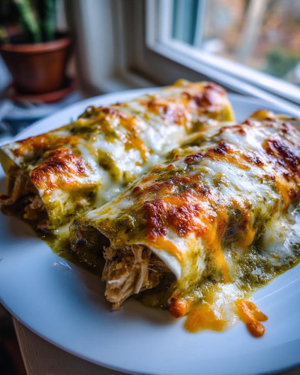 Two Irresistible Delicious Green Chicken Enchiladas smothered in green sauce and melted, browned cheese.