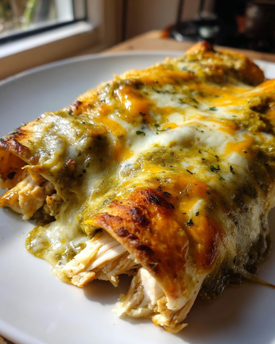Close-up of baked Irresistible Delicious Green Chicken Enchiladas smothered in melted cheese and green salsa.