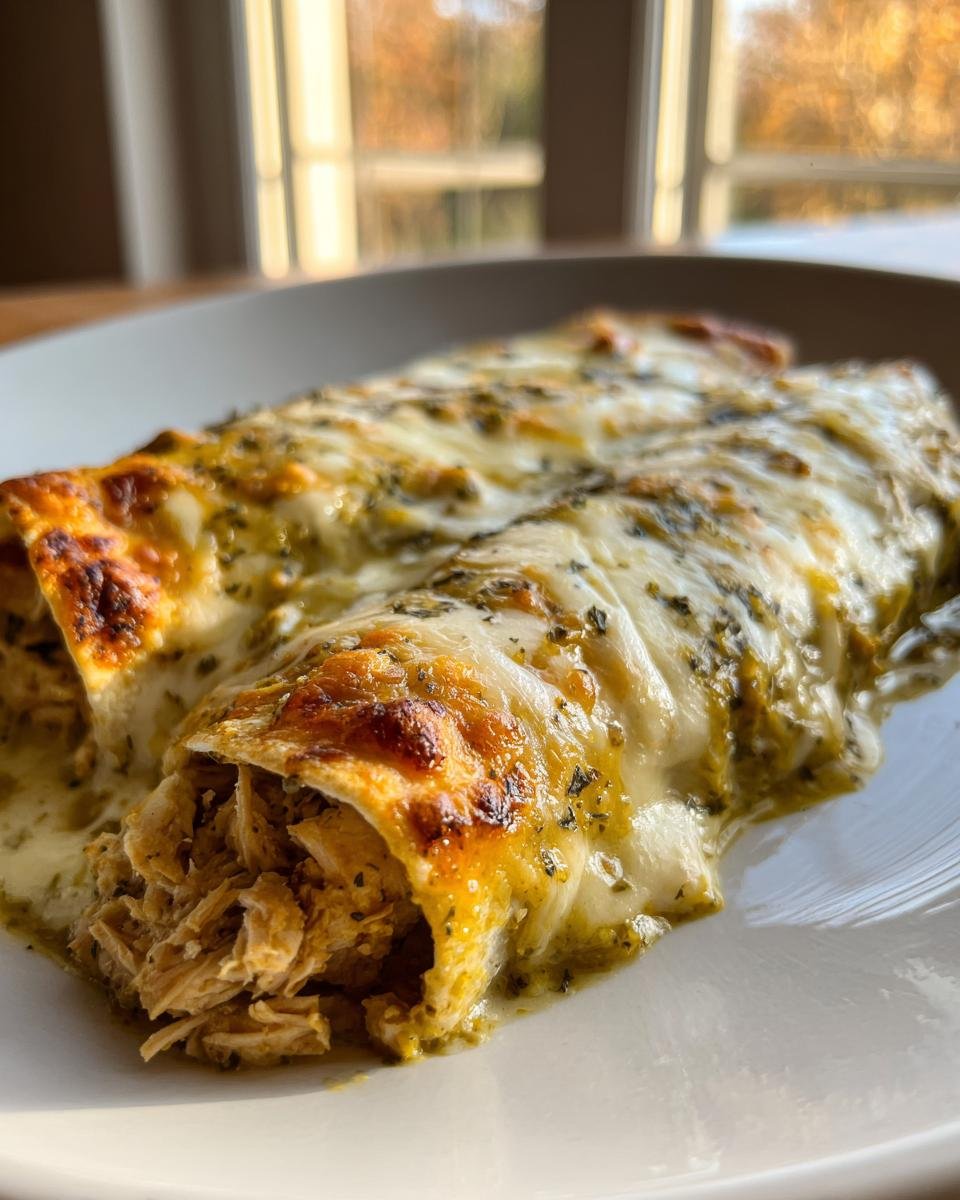 Two Irresistible Delicious Green Chicken Enchiladas smothered in melted cheese and green sauce on a white plate.