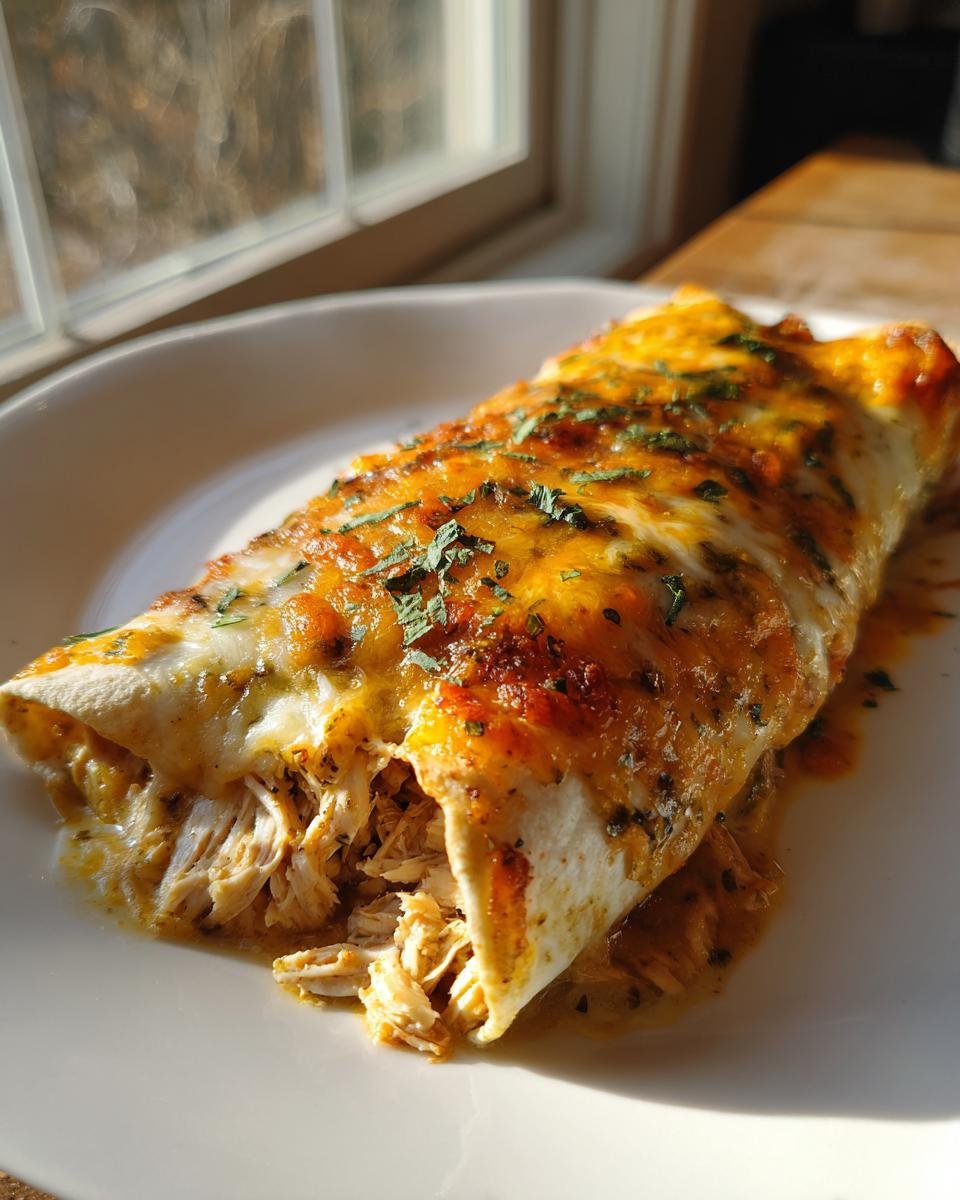 A close-up of one of the Irresistible Delicious Green Chicken Enchiladas, showing shredded chicken filling and melted cheese topping.