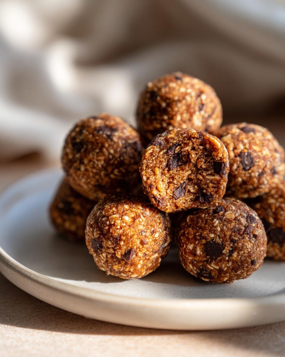A stack of Irresistible Energy Balls made with oats and chocolate chips resting on a light gray plate.