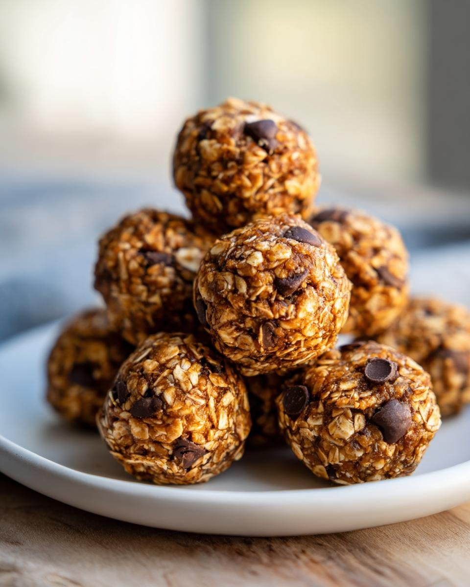 A stack of homemade Irresistible Energy Balls made with oats and chocolate chips on a white plate.