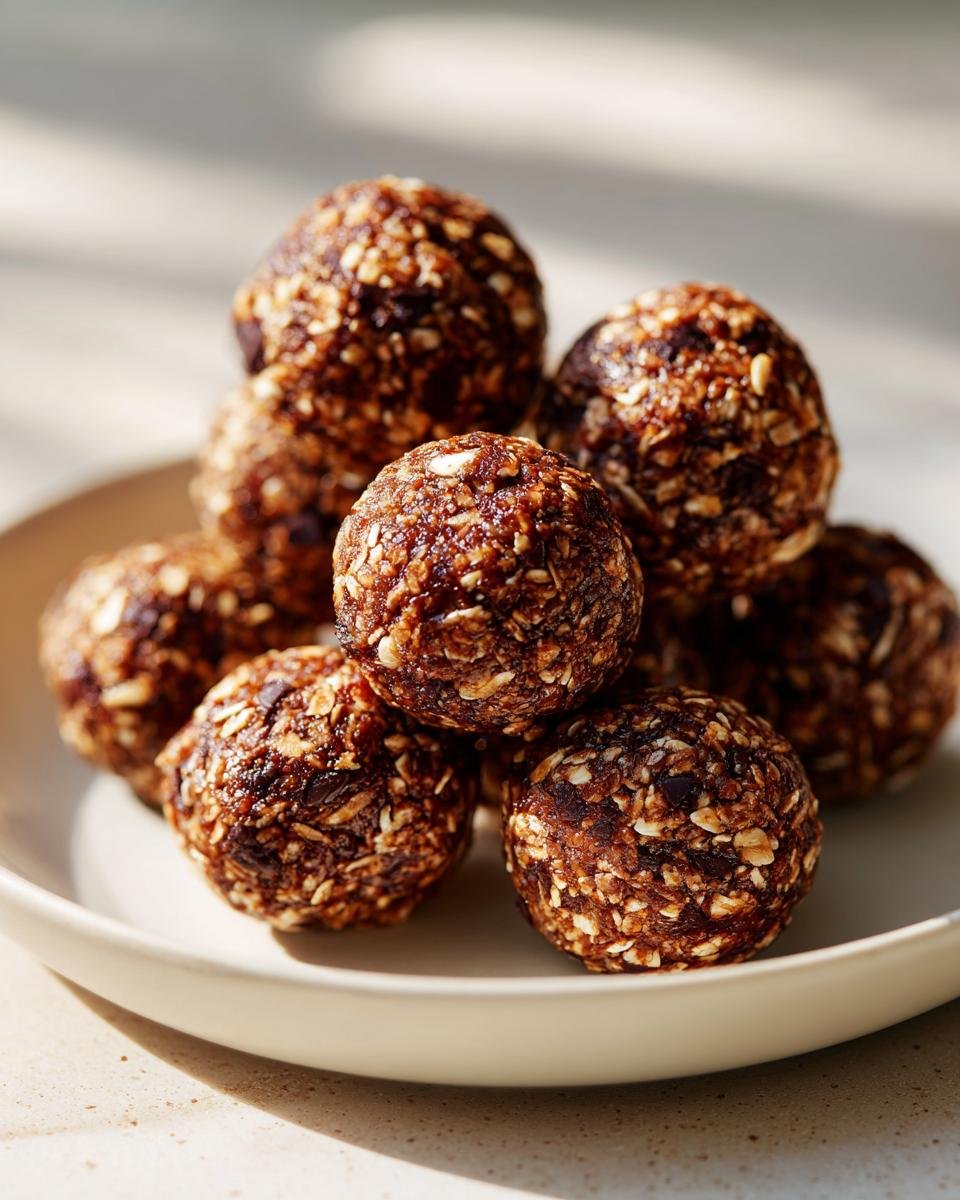 Close-up of a stack of dark, textured Irresistible Energy Balls made with oats, sitting on a light beige plate.