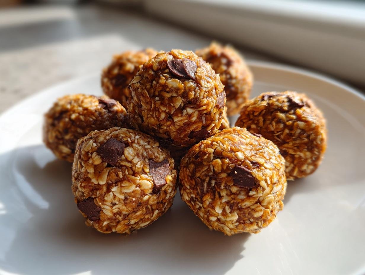 A small pile of homemade Irresistible Energy Balls made with oats and visible chocolate chips, resting on a white plate.