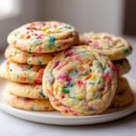 A close-up stack of soft, thick Irresistible Funfetti Cake Cookies loaded with colorful sprinkles.