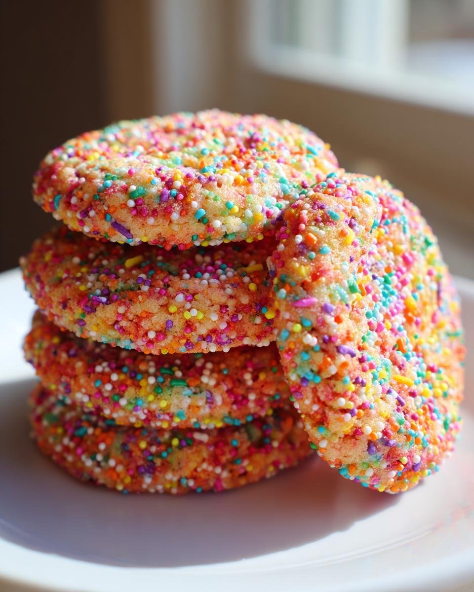 A stack of four Irresistible Funfetti Cake Cookies heavily coated in colorful sprinkles, resting on a white plate.