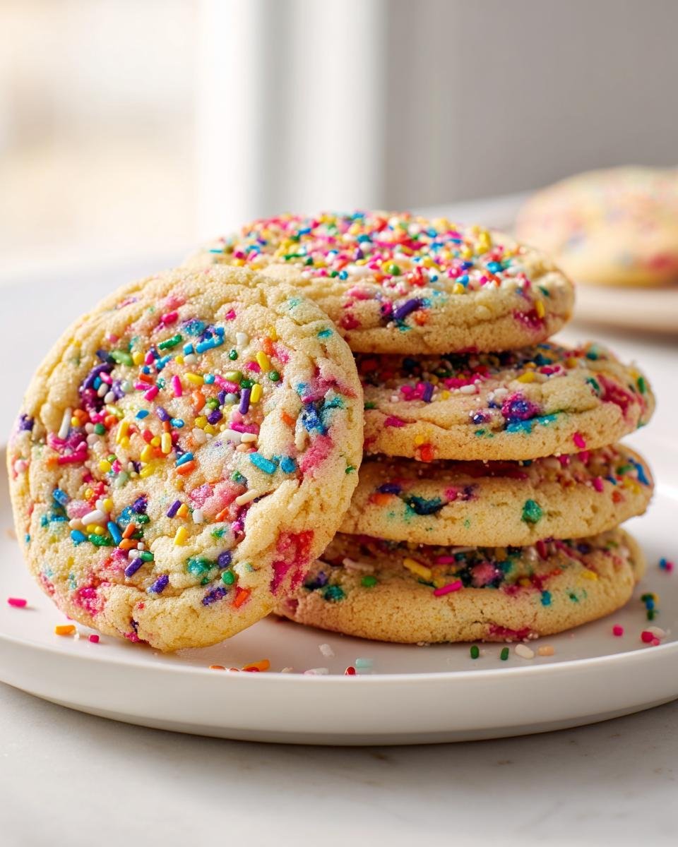 A stack of four Irresistible Funfetti Cake Cookies loaded with colorful sprinkles on a white plate.