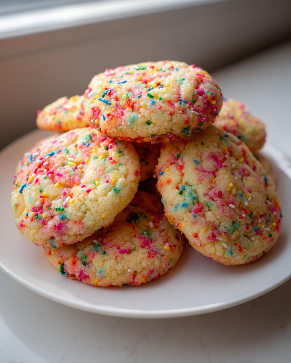 A close-up stack of Irresistible Funfetti Cake Cookies loaded with colorful sprinkles on a white plate.