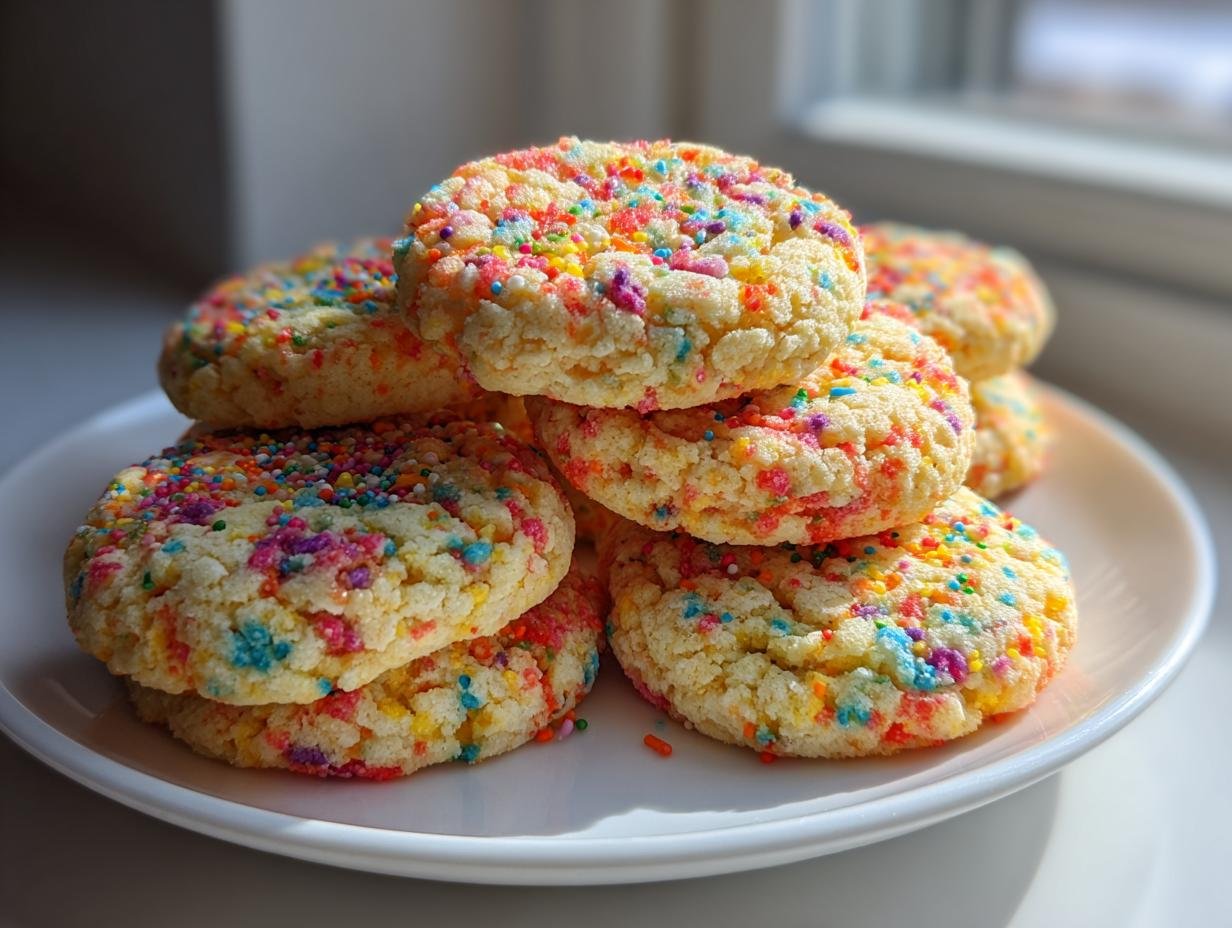 A stack of soft, thick Irresistible Funfetti Cake Cookies covered in colorful sprinkles on a white plate.