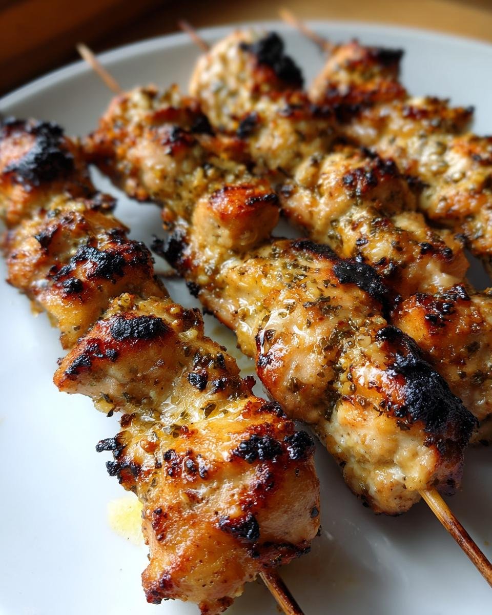 Close-up of grilled Irresistible Garlic Parmesan Chicken Skewers coated in herbs and slightly charred.