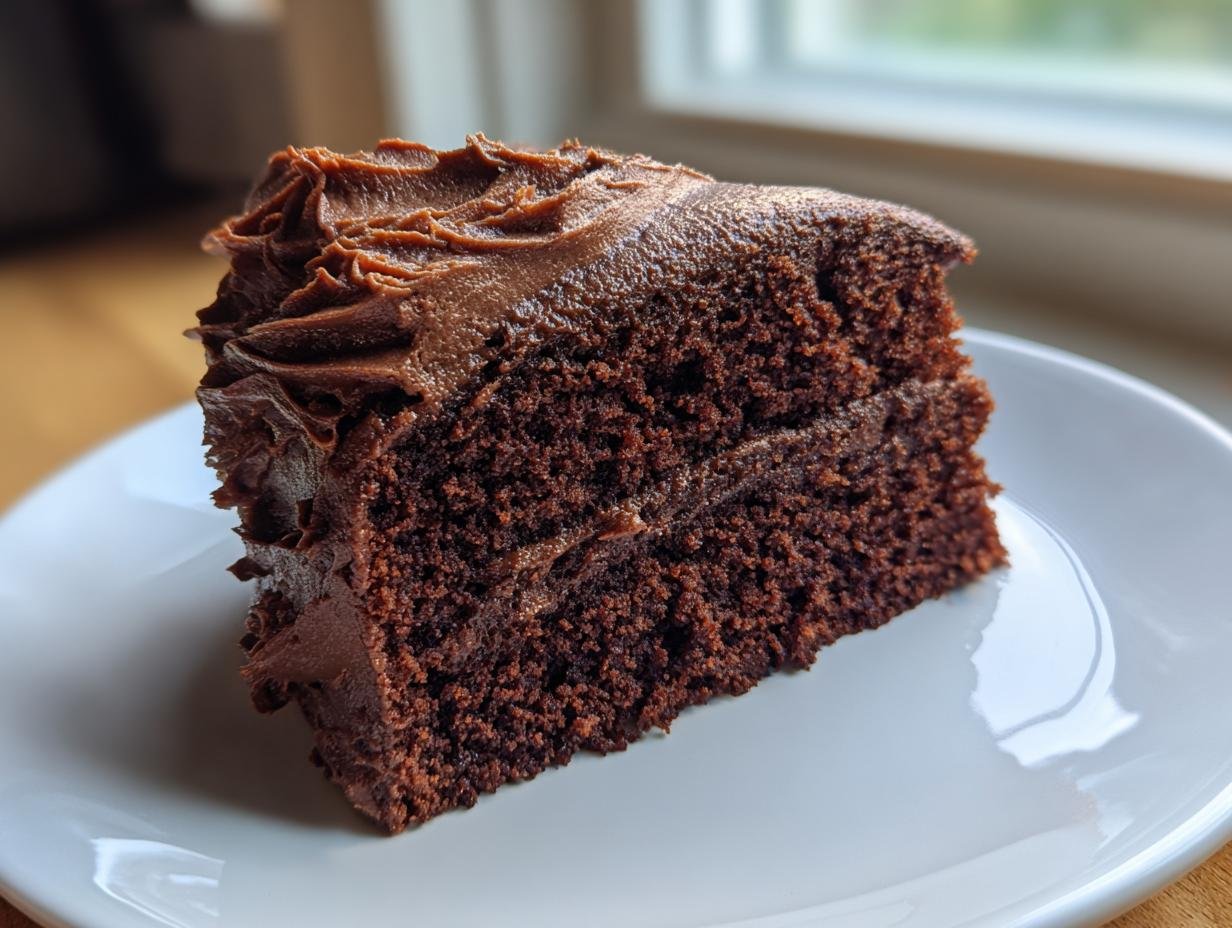 A rich, dark slice of Irresistible Gingerbread Cake with thick chocolate frosting served on a white plate.