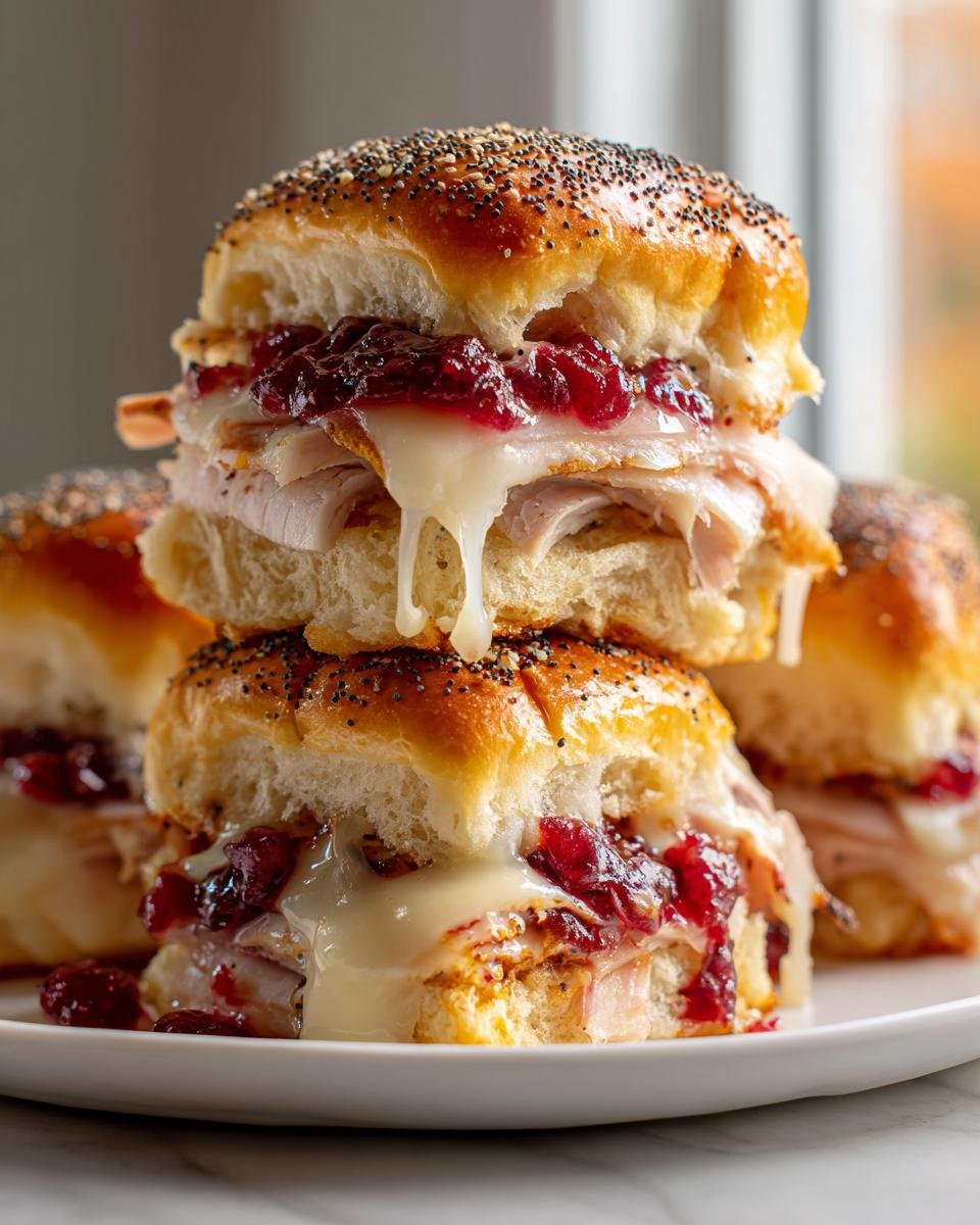 Close-up of stacked Irresistible Havarti Cranberry Turkey Sliders with melted cheese dripping.