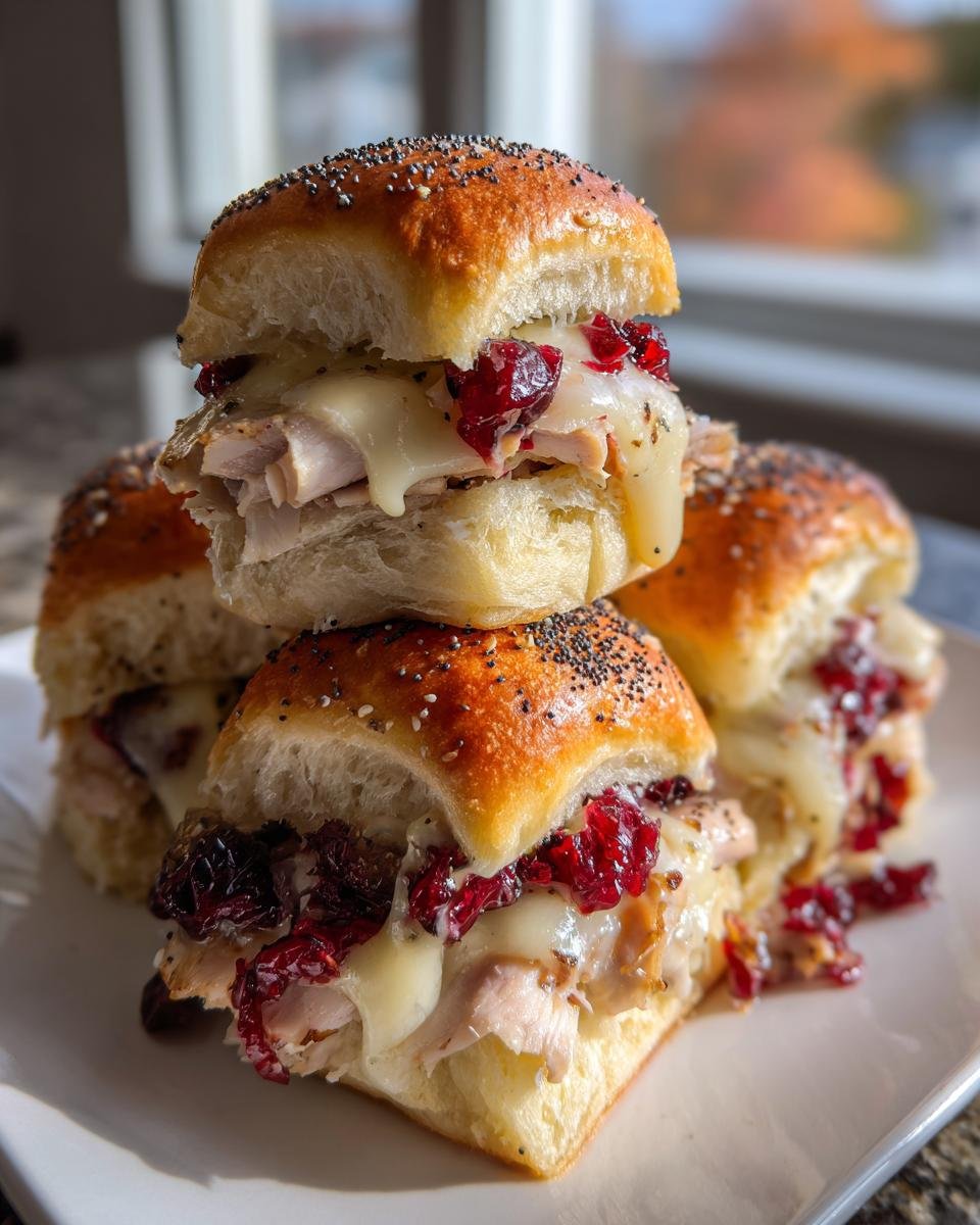 A stack of warm Irresistible Havarti Cranberry Turkey Sliders featuring melted cheese, turkey, and bright red cranberry sauce on poppy seed buns.