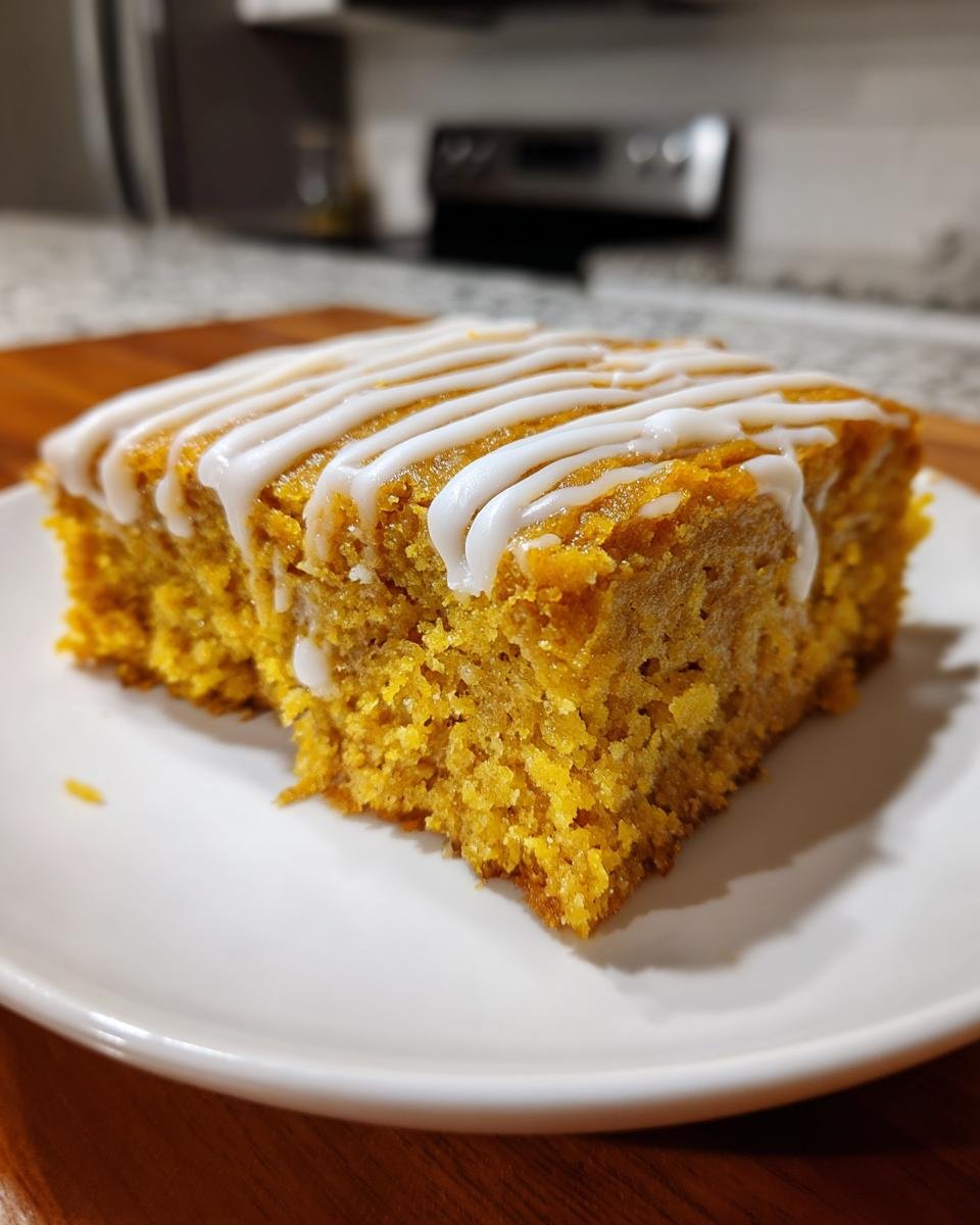 A single square slice of moist, orange Irresistible Healthy Pumpkin Bars topped with white icing drizzle on a white plate.