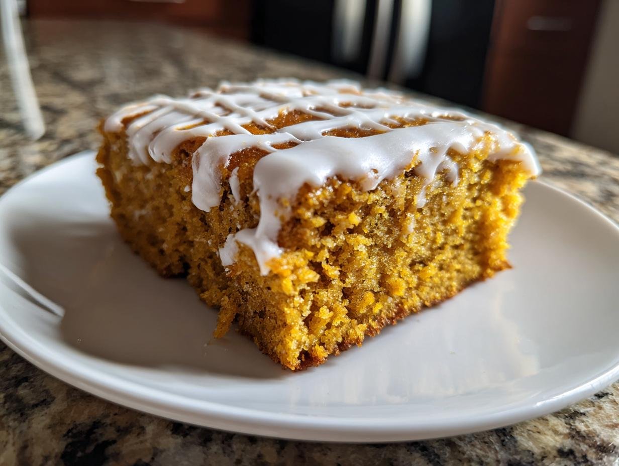 Close-up of one square slice of Irresistible Healthy Pumpkin Bars, topped with white vanilla drizzle.