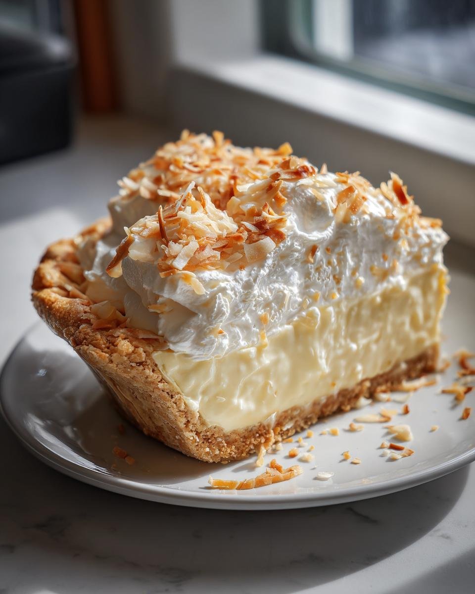 A thick slice of Irresistible Homemade Coconut Cream Pie with creamy filling, whipped topping, and toasted coconut flakes.
