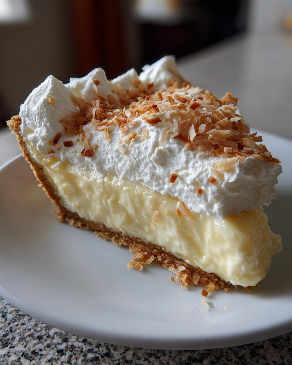 A perfect slice of Irresistible Homemade Coconut Cream Pie with thick custard, whipped cream, and toasted coconut flakes.