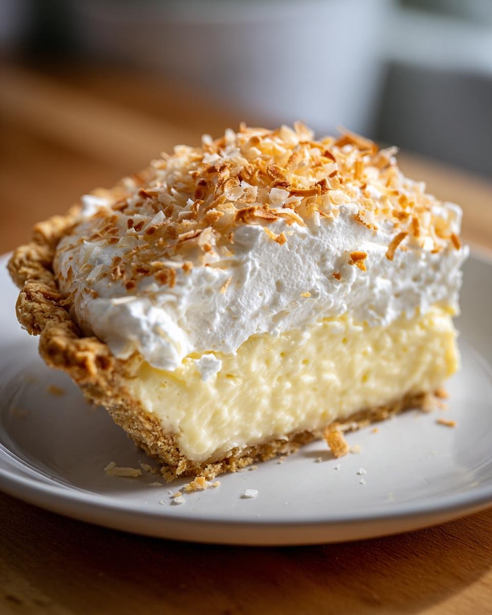A close-up slice of Irresistible Homemade Coconut Cream Pie with creamy filling, whipped topping, and toasted coconut.