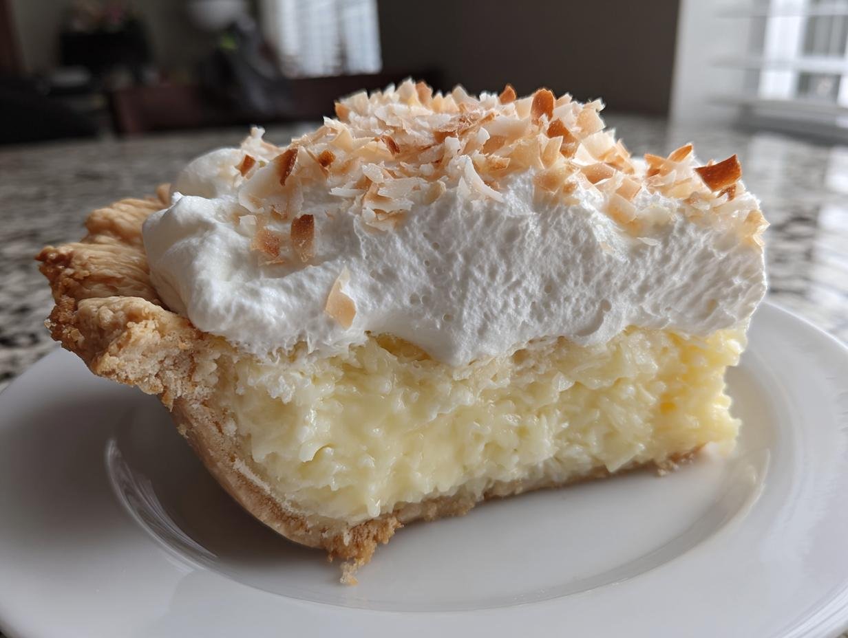 A close-up of a slice of Irresistible Homemade Coconut Cream Pie with thick filling and toasted coconut topping.