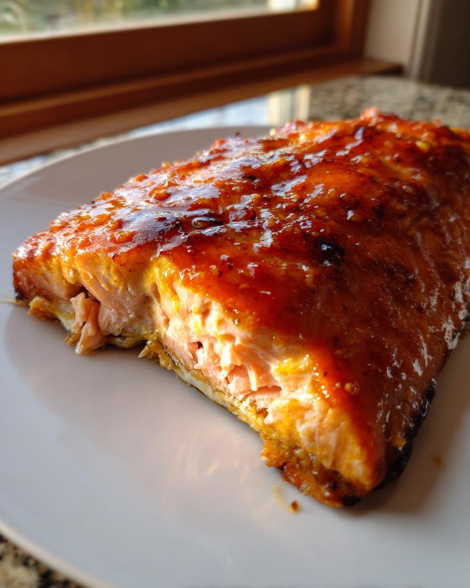 A close-up of a perfectly cooked salmon fillet coated in a shiny, caramelized honey mustard glaze, ready for an Irresistible Honey Mustard Salmon Recipe.