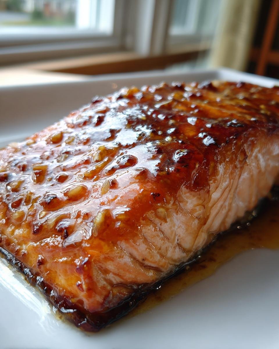 Close-up of a perfectly cooked salmon fillet covered in a thick, shiny honey mustard glaze.