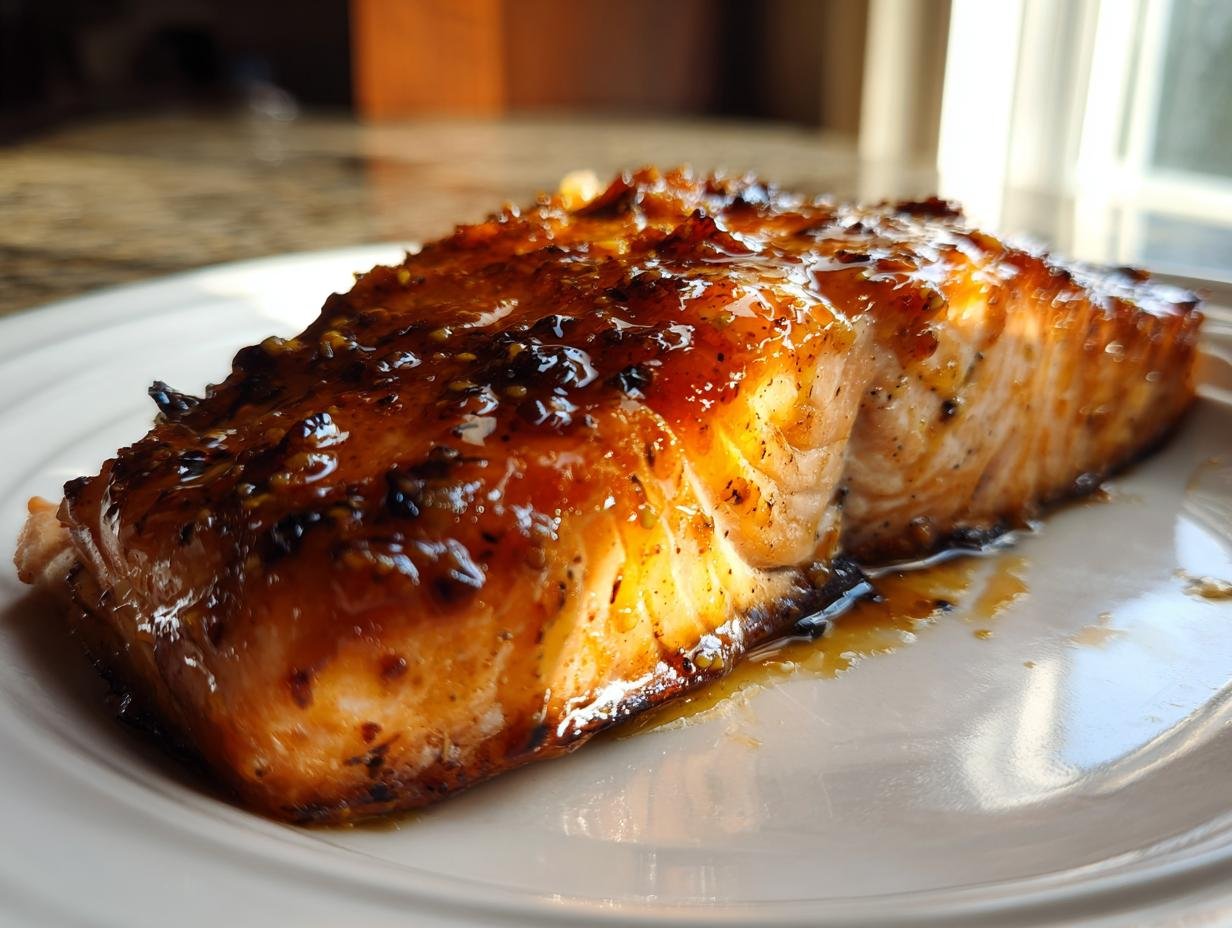 Close-up of a perfectly cooked salmon fillet glazed with honey mustard, ready for dinner.