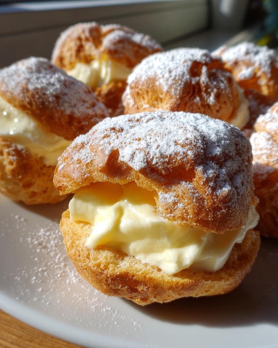 Close-up of several Irresistible Italian Cream Puffs filled with cream and dusted generously with powdered sugar.