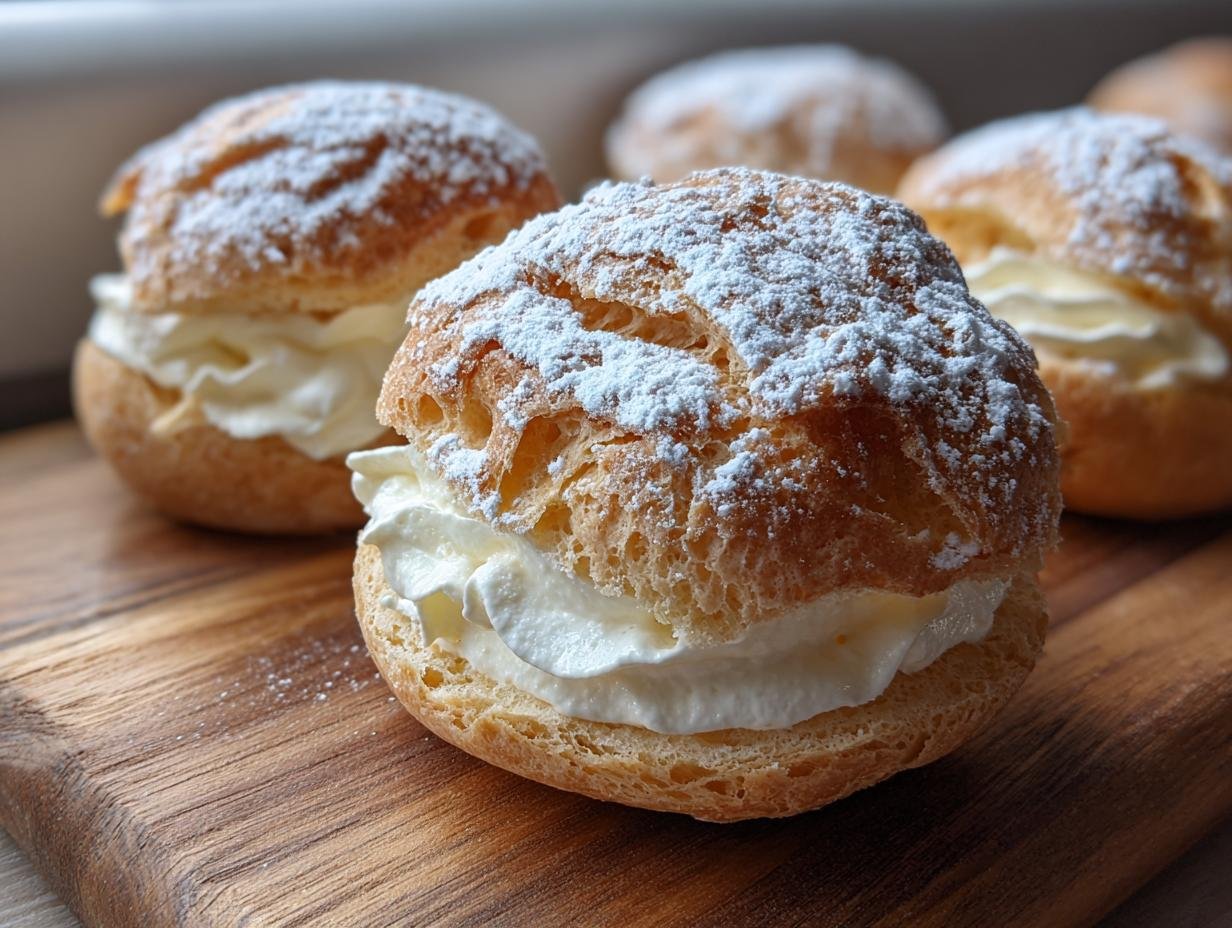 Close-up of Irresistible Italian Cream Puffs filled with whipped cream and dusted with powdered sugar.
