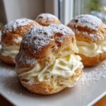 Close-up of Irresistible Italian Cream Puffs filled with cream and dusted heavily with powdered sugar on a white plate.