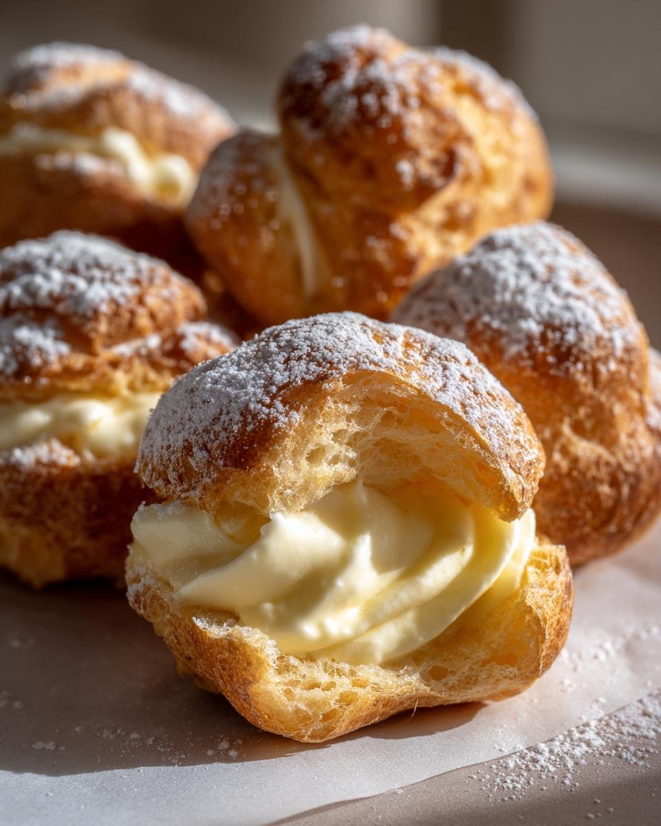 A close-up of an Irresistible Italian Cream Puff cut open, showing rich vanilla cream filling and dusted with powdered sugar.