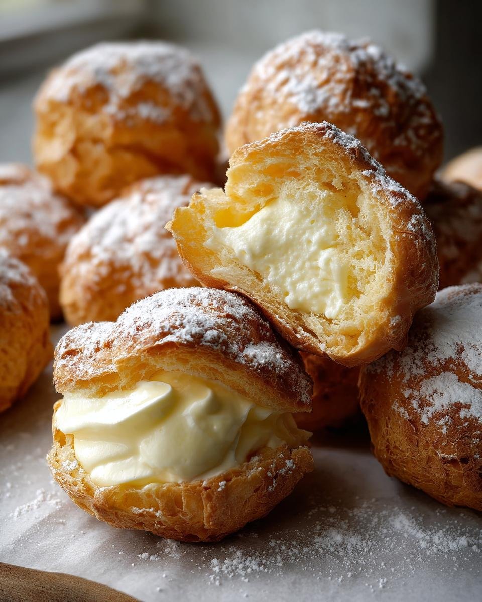 Close-up of Irresistible Italian Cream Puffs dusted with powdered sugar, showing one cut open revealing rich cream filling.