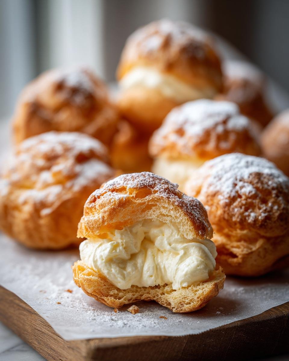 A close-up of one of the Irresistible Italian Cream Puffs, cut open to show rich cream filling, dusted with powdered sugar.