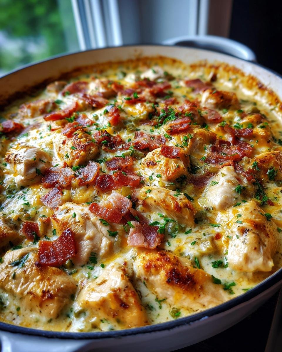 Close-up of Irresistible Jalapeno Popper Chicken Skillet topped with bacon and herbs.