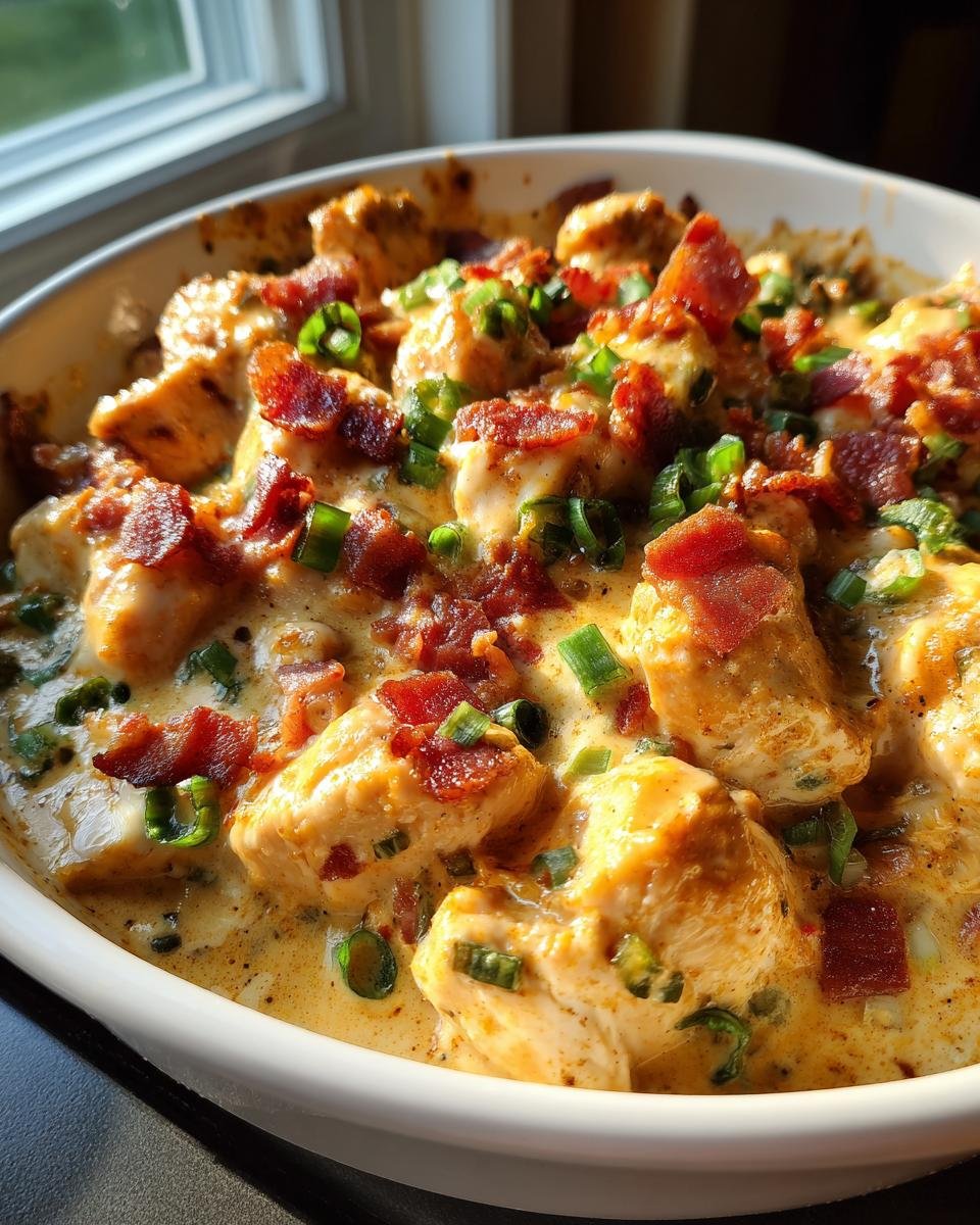 Close-up of Irresistible Jalapeno Popper Chicken Skillet, featuring creamy sauce, chicken chunks, bacon, and green onions.