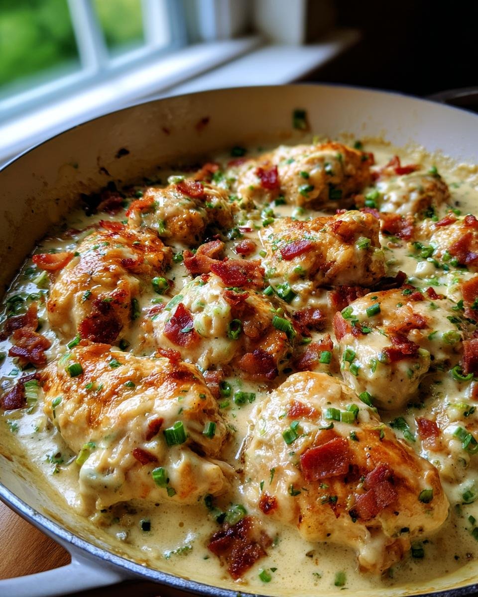 Close-up of Irresistible Jalapeno Popper Chicken Skillet topped with bacon bits and chives in a creamy sauce.