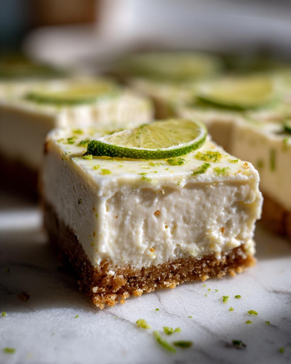 Close-up of a square slice of Irresistible Key Lime Pie with a creamy filling and graham cracker crust, topped with lime zest and a lime wheel.