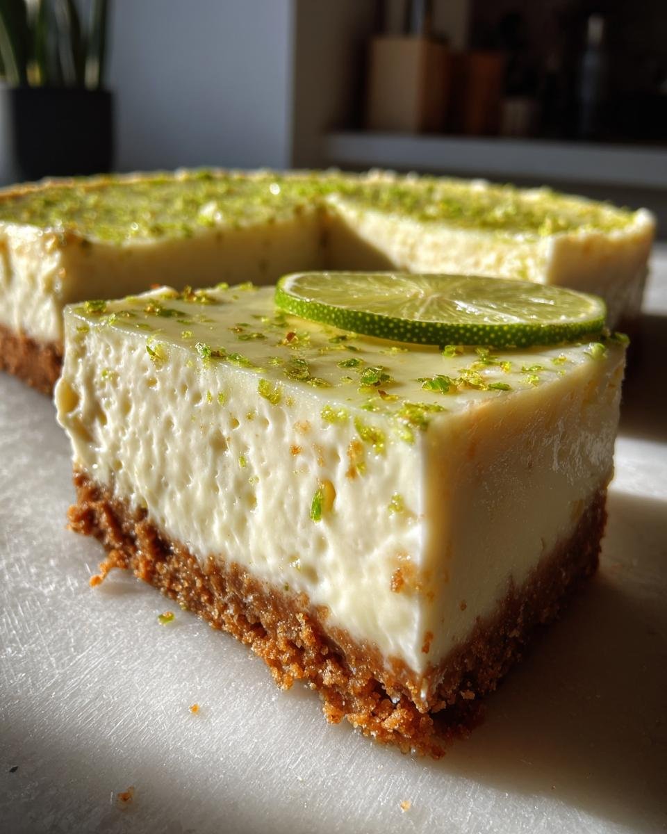A close-up slice of Irresistible Key Lime Pie with a graham cracker crust, topped with lime zest and a lime slice.