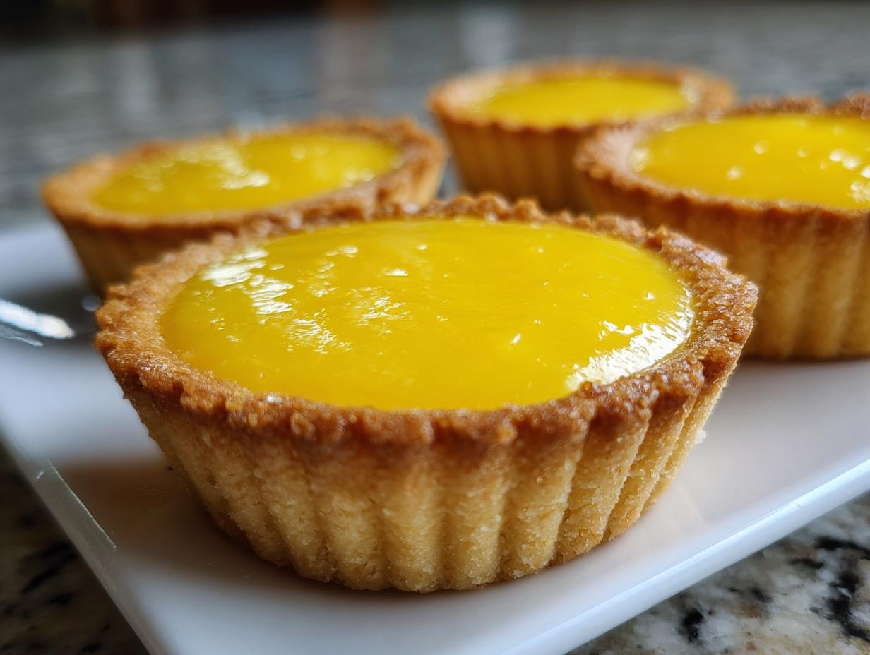 A close-up of four Irresistible Lemon Curd Tartlets with bright yellow filling on a white serving dish.