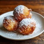 Close-up of four golden brown Irresistible Lemon Fritters Fluffy Citrus Delights heavily dusted with powdered sugar on a white plate.