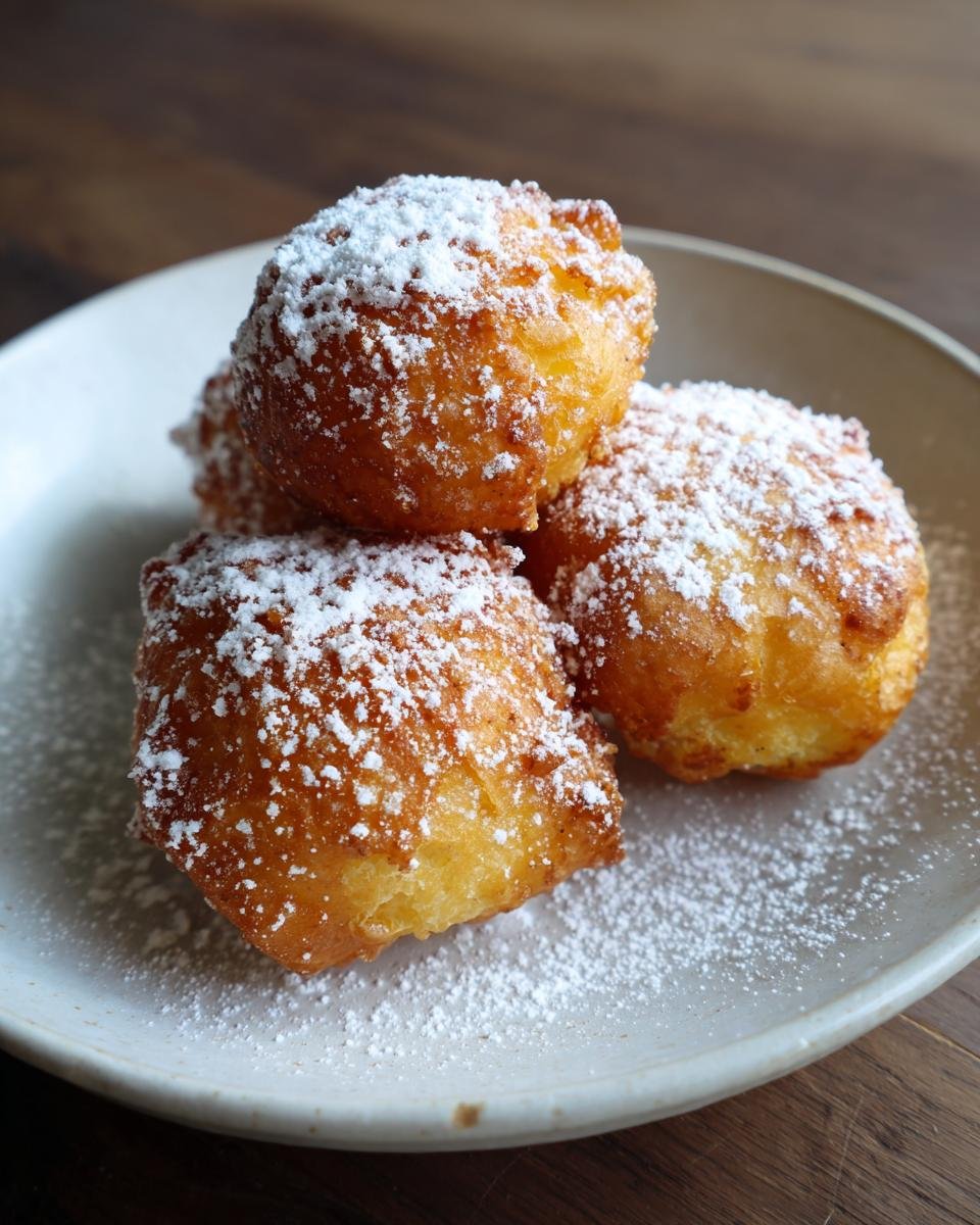 Close-up of three golden brown Irresistible Lemon Fritters Fluffy Citrus Delights heavily dusted with powdered sugar on a light plate.